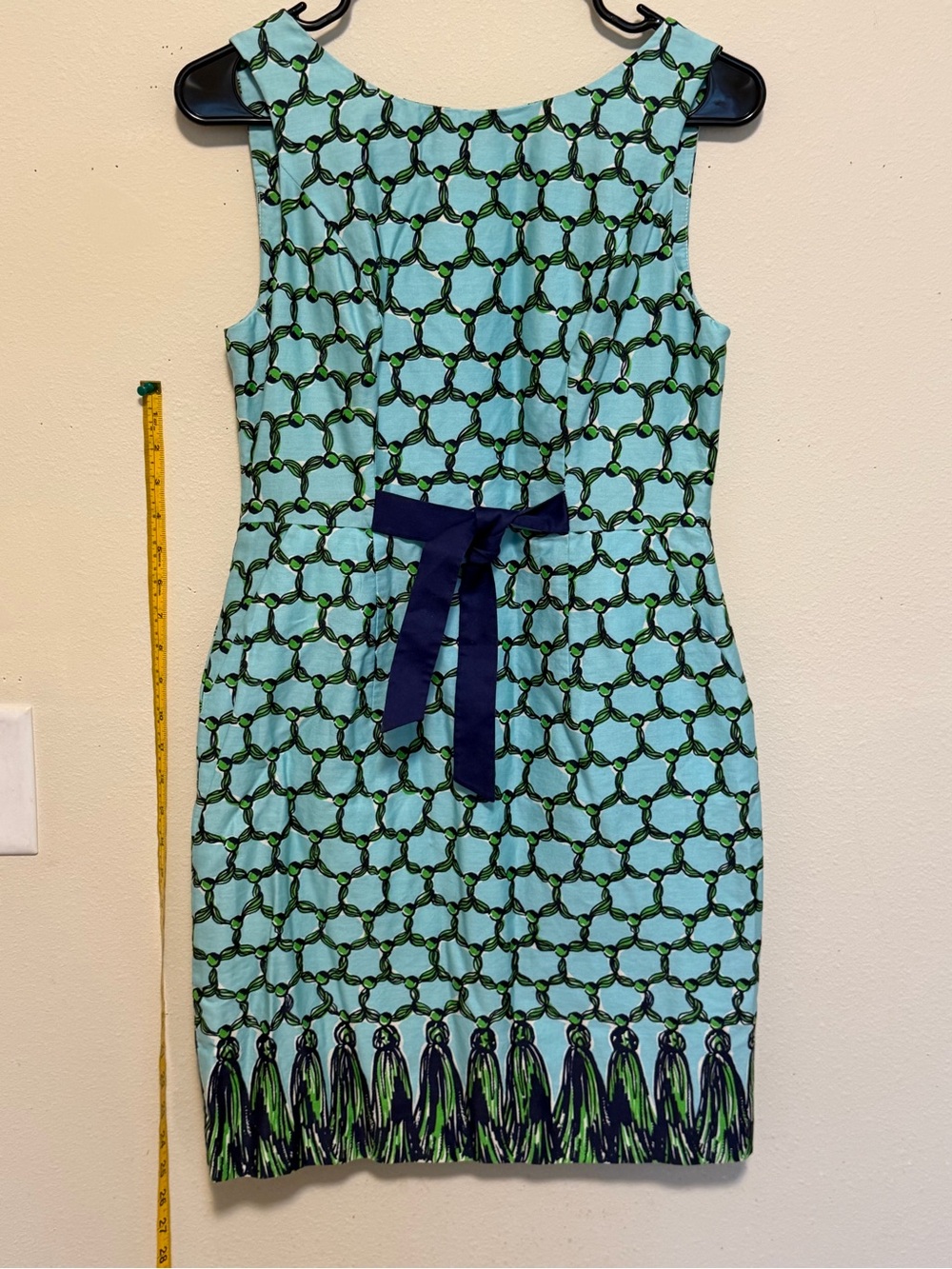 Lilly Pulitzer Aqua Chain-Print Midi Dress with Navy Waist Tie